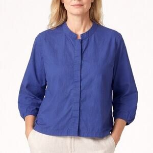 Eileen Fisher Cotton Mandarin Collar Top M Periwinkle 3/4 Puff Sleeve Minimalist